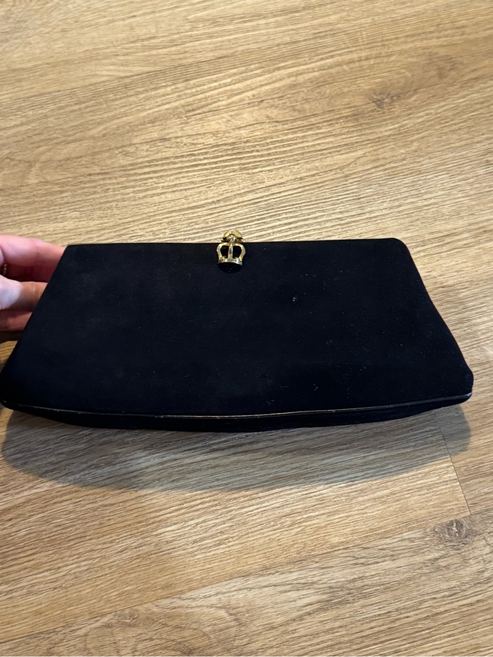 Vintage Bass Black Brushed Suede Clutch with Gold Crown Accent